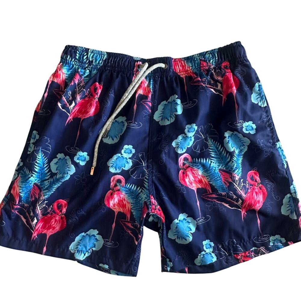 Vintage Summer Navy/Flamingo Print Swim Trunks- L
